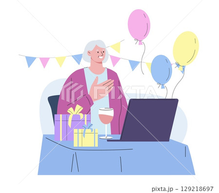 Online birthday party. Senior woman celebrating birthday or anniversary, sitting with laptop, balloons, wine glass and gifts, vector concept 129218697