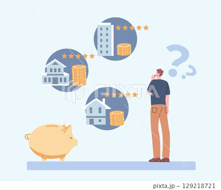 Man choose apart for rent or buy. Young guy thinking about home, real estate market online with five stars rating. Various price for house, vector concept 129218721