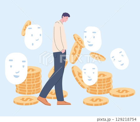 Artificial world of rich man. Fake friends and emotions, difficult social communication. Deception in relationship. Sad guy, money piles and masks, vector concept 129218754