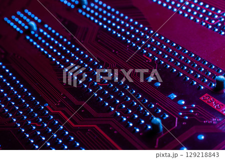 Electronic printer control board. Printer part after disassembly. Rough macro shot of the printed circuit board Electronic printer control board. Printer part after disassembly. Rough macro shot of the printed circuit board 129218843