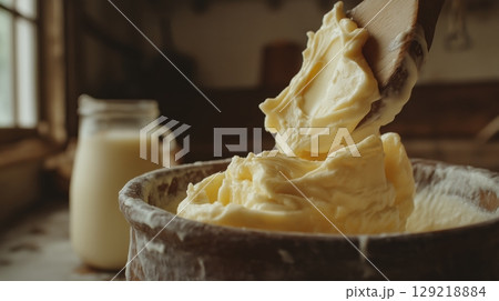 Exploring the process of handmade butter creation in a rustic kitchen setting 129218884