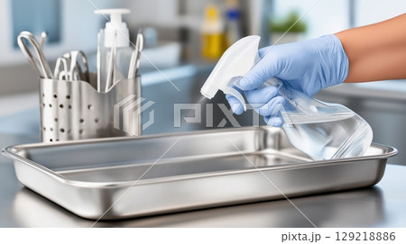 Disinfectant Spray on Dental Tray, Sterile Medical Cleaning in Clinical Setting 129218886
