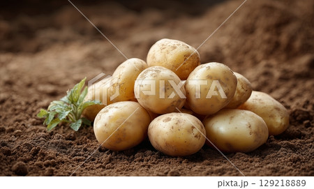 Freshly harvested potatoes arranged on rich soil with green mint leaves 129218889