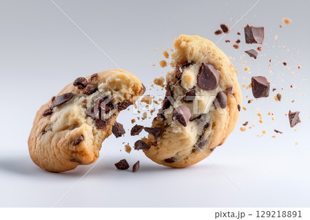 Perfectly baked chocolate chip cookie breaking apart with flying pieces 129218891