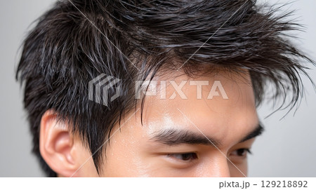 Young man with stylish spiky hair looking down in a close-up shot 129218892