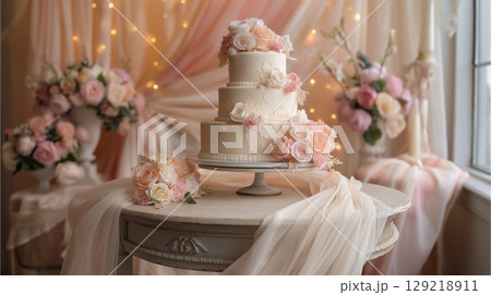 Elegant Three-Tier Quinceanera Cake with Pastel Pink & White Roses 129218911