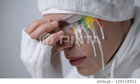 Artistic expression emerges through colorful paint drips on model's face 129218912