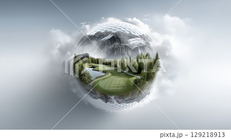 Fantasy golf landscape inside a golf ball with mountains and forest, conceptual sport illustration 129218913