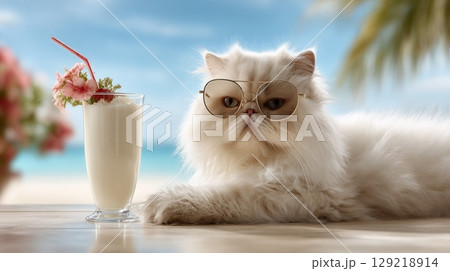 Cat enjoying a tropical drink on a beachside table with stunning views 129218914
