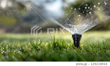 Lawn sprinkler watering grass on a sunny day in a backyard garden Lawn sprinkler watering grass on a sunny day in a backyard garden 129218918