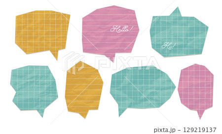 Crumpled colorful paper stickers with speech bubbles shape set. Comic retro cartoon elements made from color cut out paper. Vintage icons with wrinkled paper texture, cut edges. Vector design Crumpled colorful paper stickers with speech bubbles shape set. Comic retro cartoon elements made from color cut out paper. Vintage icons with wrinkled paper texture, cut edges. Vector design 129219137