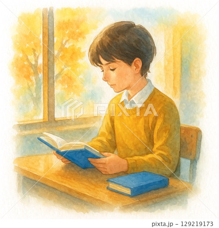 窓際で本を読む少年、読書の秋 129219173