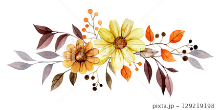bouquet, composition of autumn flowers and leaves, yellow and orange. watercolor clip art 129219198