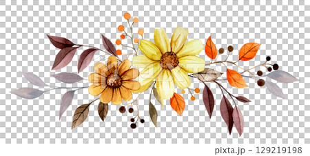 bouquet, composition of autumn flowers and leaves, yellow and orange. watercolor clip art 129219198