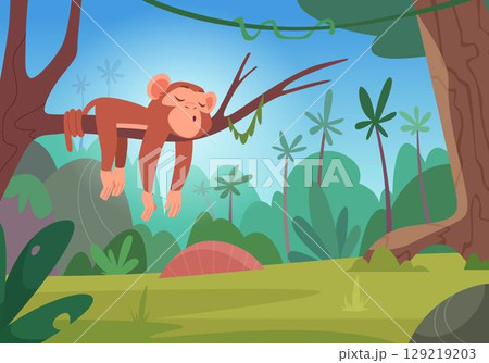 Jungle monkey. Outdoor background illustration wild exotic forest with monkey on trees exact vector template 129219203
