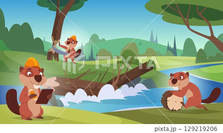 Beavers working. Cartoon wild animals beavers building a dam exact vector background outdoor illustration 129219206