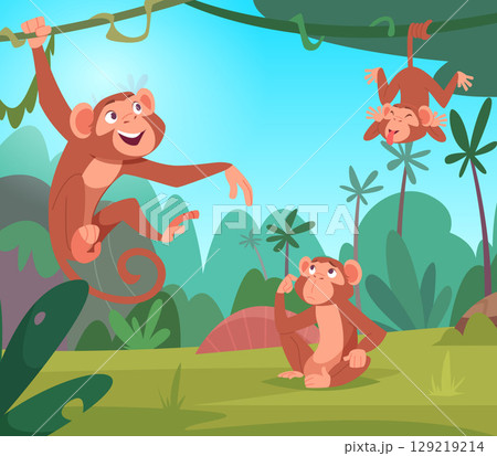 Monkeys. wild jungle animals monkey playing in green exotic tropical forest Monkeys. wild jungle animals monkey playing in green exotic tropical forest 129219214