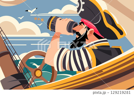 Cartoon pirate captain with a beard looking through a spyglass while steering a ship, seagulls flying in the sky. Colorful vector illustration, nautical adventure, sea voyage concept. 129219281