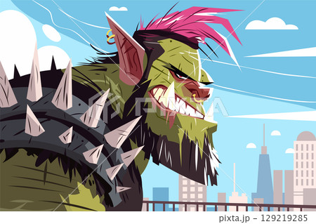 Aggressive green orc with a pink mohawk, piercings, and a spiked shoulder pad stands in a modern city. Cartoon style, fantasy character, urban background, attitude, and contrast vector illustration. 129219285