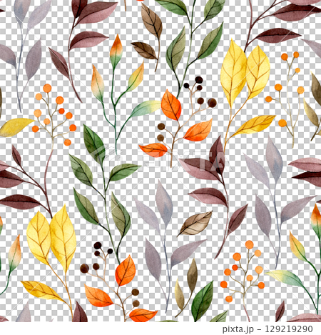 Seamless pattern of autumn leaves, yellow and orange colors. Watercolor illustration 129219290
