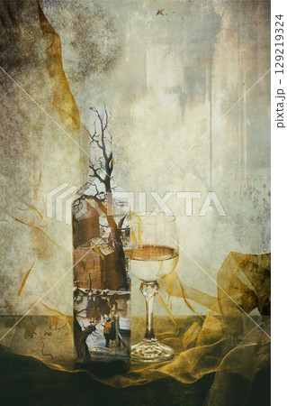 Collage with a bottle, a glass and transparent cloth "Landscape with a tree in a bottle", stylization Collage with a bottle, a glass and transparent cloth "Landscape with a tree in a bottle", stylization 129219324
