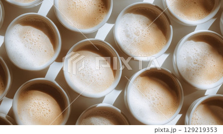 Top view rows of coffee cups with frothy details. Neural network AI generated Top view rows of coffee cups with frothy details. Neural network AI generated 129219353