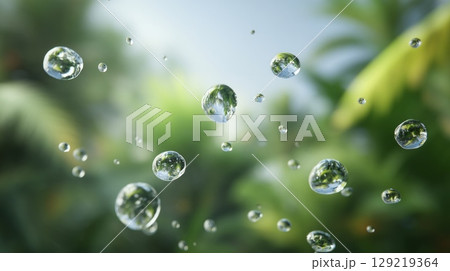 Transparent bubbles in lush greenery environment. Neural network AI generated 129219364