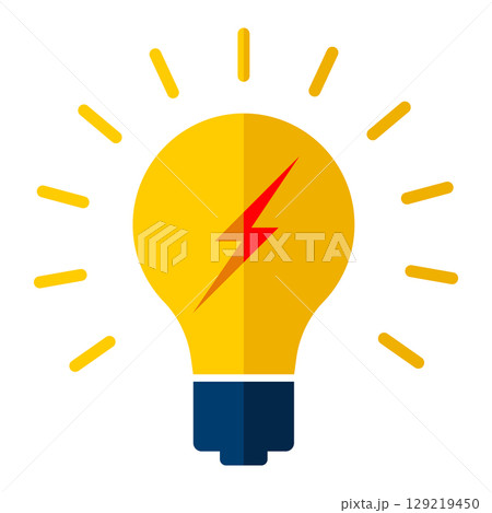 Creative Light Bulb with Lightning Bolt. Innovation and Energy Concept. Vector Illustration. A glowing yellow light bulb with a bold red lightning bolt in the center. 129219450