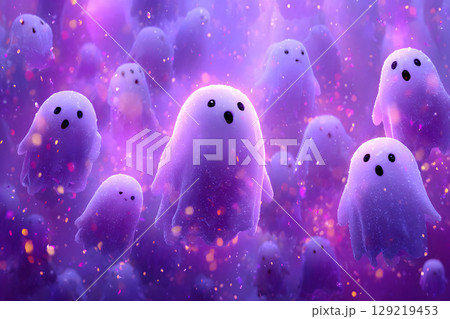 Cute and spooky Halloween backdrop with soft fog and floating ghosts. Ideal for social media, ads, or event design. 129219453