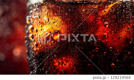Close-up of ice-cold beverage with bubbles and red lighting. Neural network AI generated Close-up of ice-cold beverage with bubbles and red lighting. Neural network AI generated 129219568