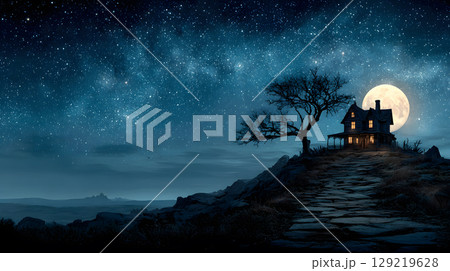 Mysterious Halloween scene with haunted house and moonlight. Designed with open space for text or product placement. Mysterious Halloween scene with haunted house and moonlight. Designed with open space for text or product placement. 129219628
