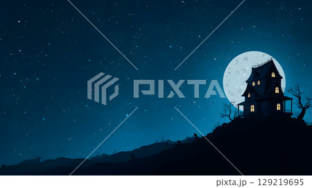 Mysterious Halloween scene with haunted house and moonlight. Designed with open space for text or product placement. Mysterious Halloween scene with haunted house and moonlight. Designed with open space for text or product placement. 129219695