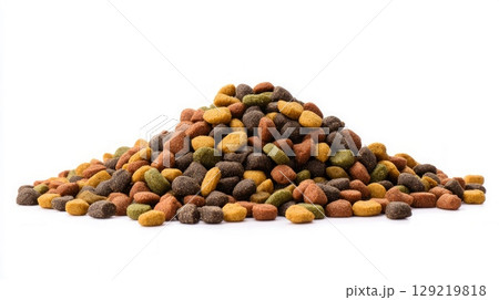 Heap of colorful dog kibble on white background. Neural network AI generated 129219818