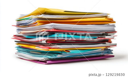 Stack of colorful documents on white background. Neural network AI generated Stack of colorful documents on white background. Neural network AI generated 129219830