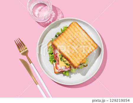 Club sandwich of toast bread with bacon, cheese, tomatoes, lettuce, arugula and sauce in a plate 129219854