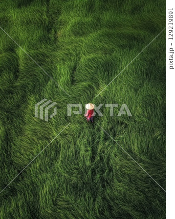 Aerial view of person in traditional hat standing in lush green field, peaceful rural landscape Aerial view of person in traditional hat standing in lush green field, peaceful rural landscape 129219891