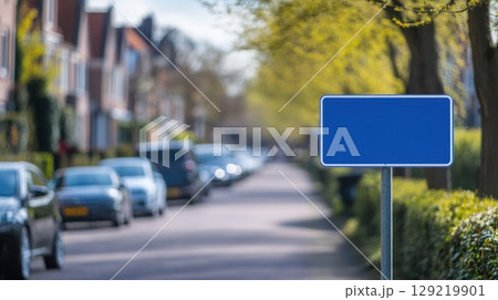Blank Blue Street Sign on Quiet Residential Road with Parked Cars 129219901