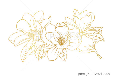 Golden magnolia flowers line art isolated on white background. Luxury magnolia floral design elements for invitation, wedding, wallpaper, print template, vector illustration Golden magnolia flowers line art isolated on white background. Luxury magnolia floral design elements for invitation, wedding, wallpaper, print template, vector illustration 129219909