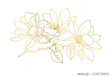 Golden magnolia flowers line art isolated on white background. Luxury magnolia floral design elements for invitation, wedding, wallpaper, print template, vector illustration Golden magnolia flowers line art isolated on white background. Luxury magnolia floral design elements for invitation, wedding, wallpaper, print template, vector illustration 129219913