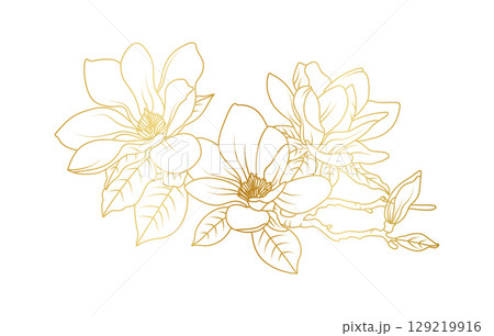 Golden magnolia flowers line art isolated on white background. Luxury magnolia floral design elements for invitation, wedding, wallpaper, print template, vector illustration Golden magnolia flowers line art isolated on white background. Luxury magnolia floral design elements for invitation, wedding, wallpaper, print template, vector illustration 129219916