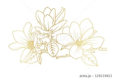 Golden magnolia flowers line art isolated on white background. Luxury magnolia floral design elements for invitation, wedding, wallpaper, print template, vector illustration Golden magnolia flowers line art isolated on white background. Luxury magnolia floral design elements for invitation, wedding, wallpaper, print template, vector illustration 129219921