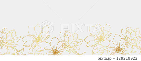 Luxury gold magnolia flowers background. Floral pattern tropical in line art style for greeting, invitation, wedding card, wall art, wallpaper and print. Vector illustration Luxury gold magnolia flowers background. Floral pattern tropical in line art style for greeting, invitation, wedding card, wall art, wallpaper and print. Vector illustration 129219922