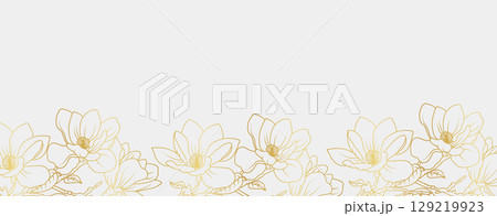 Luxury gold magnolia flowers background. Floral pattern tropical in line art style for greeting, invitation, wedding card, wall art, wallpaper and print. Vector illustration Luxury gold magnolia flowers background. Floral pattern tropical in line art style for greeting, invitation, wedding card, wall art, wallpaper and print. Vector illustration 129219923