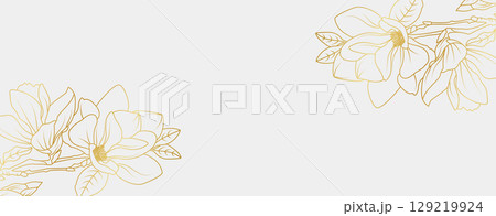 Luxury gold magnolia flowers background. Floral pattern tropical in line art style for greeting, invitation, wedding card, wall art, wallpaper and print. Vector illustration Luxury gold magnolia flowers background. Floral pattern tropical in line art style for greeting, invitation, wedding card, wall art, wallpaper and print. Vector illustration 129219924