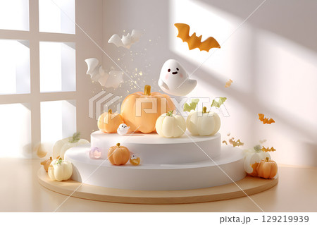 Minimal Halloween product display mockup with white podium, pumpkins, and spooky elements. Perfect for showcasing products or promotional graphics. 129219939