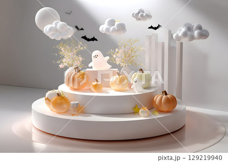 Minimal Halloween product display mockup with white podium, pumpkins, and spooky elements. Perfect for showcasing products or promotional graphics. 129219940