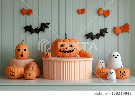 Minimal Halloween product display mockup with white podium, pumpkins, and spooky elements. Perfect for showcasing products or promotional graphics. 129219942