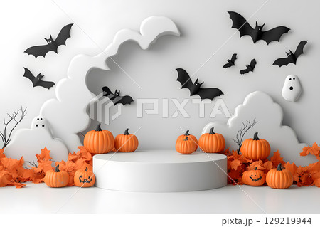 Minimal Halloween product display mockup with white podium, pumpkins, and spooky elements. Perfect for showcasing products or promotional graphics. 129219944
