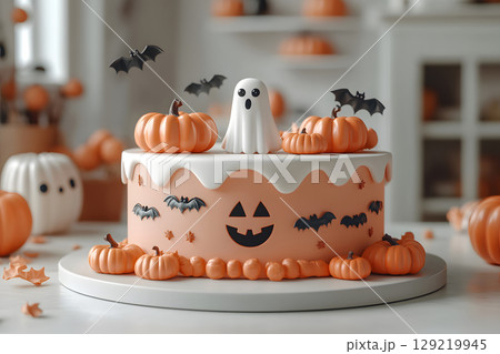 Minimal Halloween product display mockup with white podium, pumpkins, and spooky elements. Perfect for showcasing products or promotional graphics. 129219945