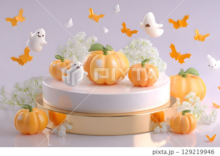 Minimal Halloween product display mockup with white podium, pumpkins, and spooky elements. Perfect for showcasing products or promotional graphics. 129219946